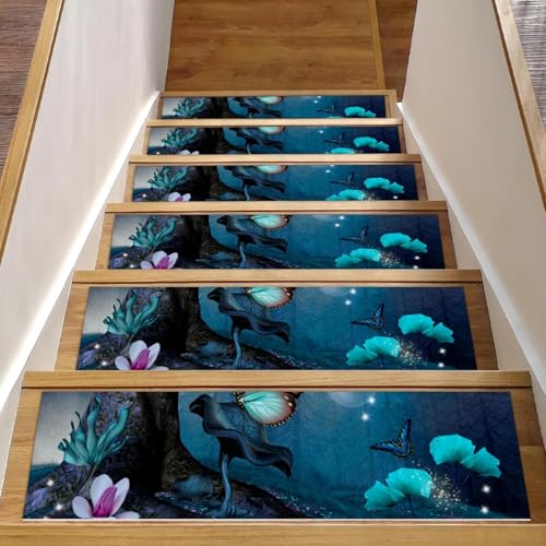 Eslifey Stufenmatten für Holzstufen, Motiv: Waldblaue Blumen und Schmetterlinge, 15 Stück, 76,2 x 20,3 cm, rutschfest, für den Innenbereich, Treppenläufer für Hunde, Kinder, ältere Menschen, mit Eslifey Stufenmatten für Holzstufen, Motiv: Waldblaue Blumen und Schmetterlinge, 15 Stück, 76,2 x 20,3 cm, rutschfest, für den Innenbereich, Treppenläufer für Hunde, Kinder, ältere Menschen, mit von Eslifey