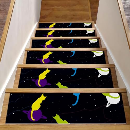 Eslifey Stufenmatten für Holzstufen, Motiv: Weltraum mit farbigen Katzen, Saturn und Sternen, rutschfest, 76,2 x 20,3 cm, für Hunde, Kinder, ältere Menschen, mit wiederverwendbarem Klebstoff, 15 Stück von Eslifey