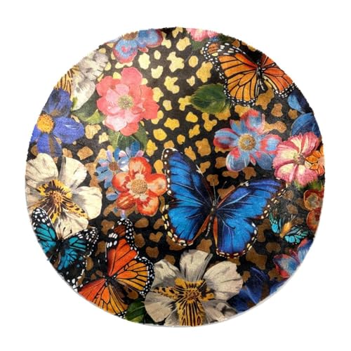 Eslifey Teppich, Leopardenmuster, Schmetterling, Blumen, rund, zottelig, weich, zottelig, moderner Teppich, Wohnzimmer, Schlafzimmer, 60 cm von Eslifey