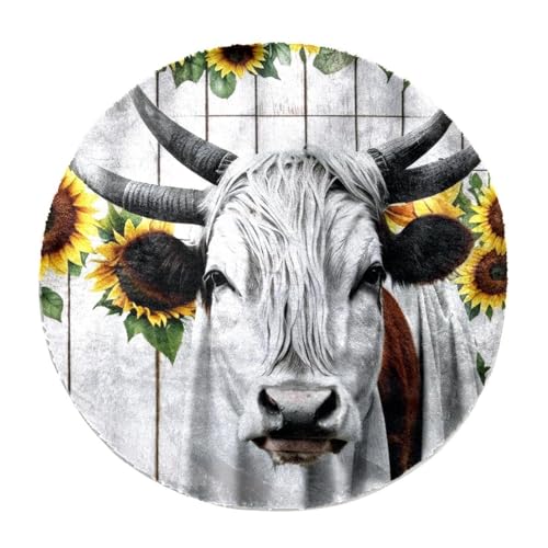 Eslifey Teppich, Motiv: Sonnenblume, weiße Kuh, Holz, rund, zottelig, weich, zottelig, moderner Teppich, Wohnzimmer, Schlafzimmer, 60 cm von Eslifey