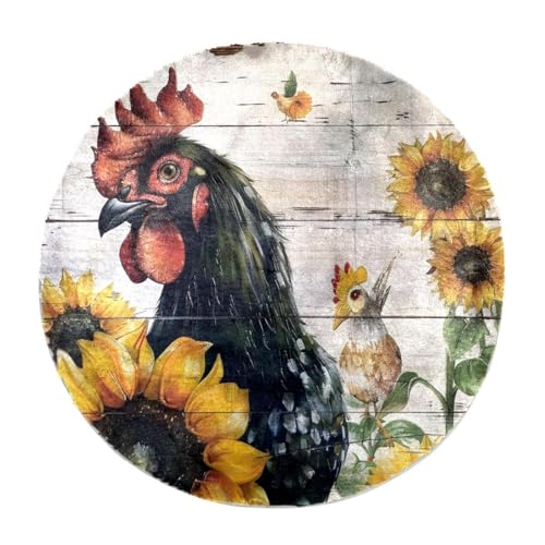 Eslifey Teppich, Motiv: Sonnenblumen-Hahn aus Holz, rund, zottelig, weich, zottelig, moderner Teppich, Wohnzimmer, Schlafzimmer, 60 cm von Eslifey