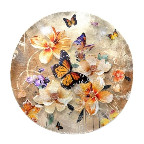 Eslifey Teppich mit Blumen und Schmetterlingen, rund, zottelig, weich, zottelig, moderner Teppich, Wohnzimmer, Schlafzimmer, 60 cm von Eslifey
