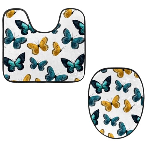 Eslifey Toilettendeckelbezug und U-förmige Toilettenbodenmatte Set mit 2 Stück, Blau Braun Schmetterlinge Toilettenmatten-Set, Maschinenwaschbare Sitzbezüge Rutschfeste Saugfähige Teppiche von Eslifey