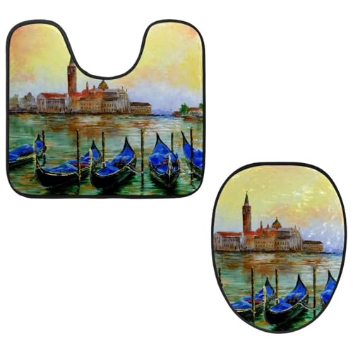 Eslifey Toilettendeckelbezug und U-förmige Toilettenbodenmatte Set mit 2 Stück, Boote Malerei Toilettenmatten-Set, maschinenwaschbare Sitzbezüge rutschfeste saugfähige Teppiche von Eslifey