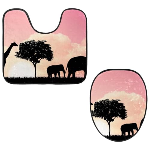 Eslifey Toilettendeckelbezug und U-förmige Toilettenbodenmatte Set mit 2 Stück, Elefanten Giraffe Natur Toilettenmatten-Set, maschinenwaschbare Sitzbezüge rutschfeste saugfähige Teppiche von Eslifey