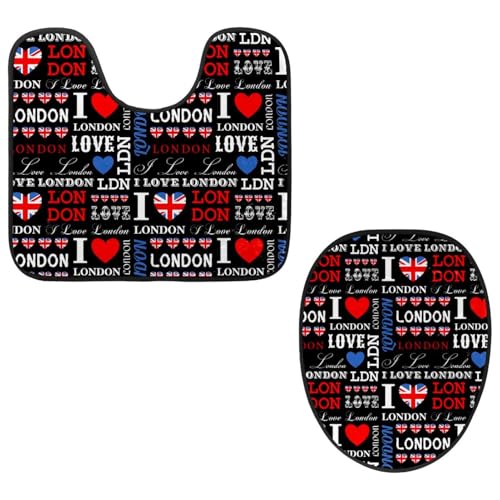 Eslifey Toilettendeckelbezug und U-förmige Toilettenbodenmatte Set mit 2 Stück, I Love London Muster Toilettenmatten-Set, maschinenwaschbare Sitzbezüge rutschfeste saugfähige Teppiche von Eslifey