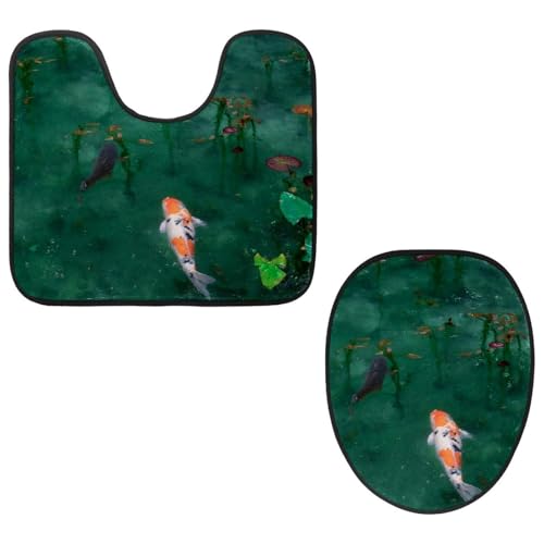 Eslifey Toilettendeckelbezug und U-förmige Toilettenbodenmatte Set mit 2 Stück, Karpfen im Pool Toilettenmatten-Set, maschinenwaschbare Sitzbezüge rutschfeste saugfähige Teppiche von Eslifey