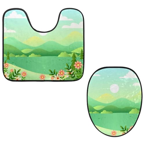Eslifey Toilettendeckelbezug und U-förmige Toilettenbodenmatte Set mit 2 Stück, Landschafts-WC-Vorleger-Set, maschinenwaschbare Sitzbezüge, rutschfeste saugfähige Teppiche Eslifey Toilettendeckelbezug und U-förmige Toilettenbodenmatte Set mit 2 Stück, Landschafts-WC-Vorleger-Set, maschinenwaschbare Sitzbezüge, rutschfeste saugfähige Teppiche von Eslifey