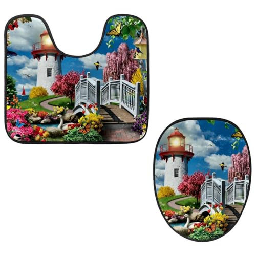 Eslifey Toilettendeckelbezug und U-förmige Toilettenbodenmatte Set mit 2 Stück, Leuchtturm Garten Toilettenmatten-Set, maschinenwaschbare Sitzbezüge rutschfeste saugfähige Teppiche von Eslifey