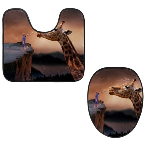 Eslifey Toilettendeckelbezug und U-förmige Toilettenbodenmatte Set mit 2 Stück, Natur Giraffe Toilettenmatten-Set, maschinenwaschbare Sitzbezüge rutschfeste saugfähige Teppiche von Eslifey