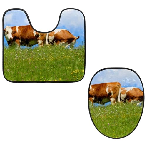 Eslifey Toilettendeckelbezug und U-förmige Toilettenbodenmatte Set mit 2 Stück, Natur Kühe Toilettenmatten-Set, Maschinenwaschbare Sitzbezüge rutschfeste saugfähige Teppiche von Eslifey