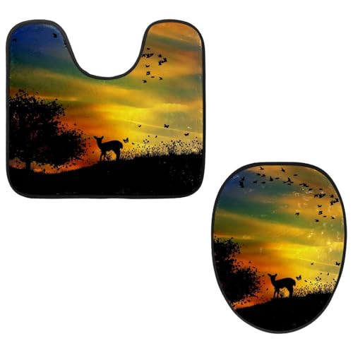 Eslifey Toilettendeckelbezug und U-förmige Toilettenbodenmatte Set mit 2 Stück, Natur Wald Sonnenuntergang Toilettenmatten-Set, maschinenwaschbare Sitzbezüge rutschfeste saugfähige Teppiche von Eslifey