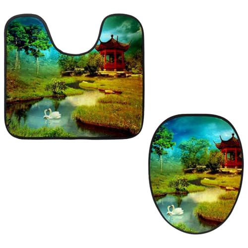 Eslifey Toilettendeckelbezug und U-förmige Toilettenbodenmatte Set mit 2 Stück, Schwan Natur Landschaft Toilettenmatten-Set, maschinenwaschbare Sitzbezüge rutschfeste saugfähige Teppiche von Eslifey