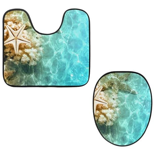 Eslifey Toilettendeckelbezug und U-förmige Toilettenbodenmatte Set mit 2 Stück, Seestern Muscheln Strand Toilettenmatten-Set, maschinenwaschbare Sitzbezüge rutschfeste saugfähige Teppiche von Eslifey