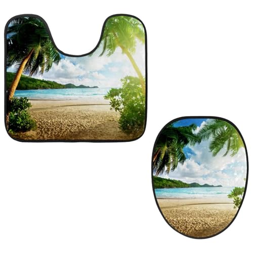 Eslifey Toilettendeckelbezug und U-förmige Toilettenbodenmatte Set mit 2 Stück, Sommer Strand Natur Baum und Himmel Toilettenmatte Set, Maschinenwaschbare Sitzbezüge rutschfeste saugfähige Teppiche von Eslifey