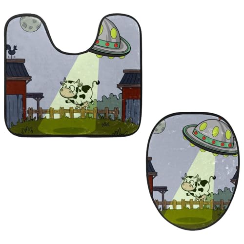 Eslifey Toilettendeckelbezug und U-förmige Toilettenbodenmatte Set mit 2 Stück, UFO Abduktion Kuh Toilettenmatte Set, Maschinenwaschbare Sitzbezüge rutschfeste saugfähige Teppiche von Eslifey