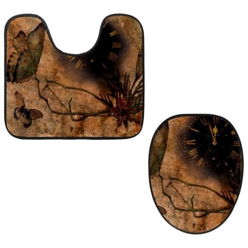 Eslifey Toilettendeckelbezug und U-förmige Toilettenbodenmatte Set mit 2 Stück, Uhr Schmetterlinge Blume Retro Braun Toilettenmatte Set, Maschinenwaschbare Sitzbezüge rutschfeste saugfähige Teppiche Eslifey Toilettendeckelbezug und U-förmige Toilettenbodenmatte Set mit 2 Stück, Uhr Schmetterlinge Blume Retro Braun Toilettenmatte Set, Maschinenwaschbare Sitzbezüge rutschfeste saugfähige Teppiche von Eslifey