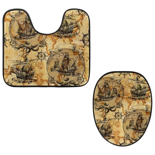 Eslifey Toilettendeckelbezug und U-förmige Toilettenbodenmatte Set mit 2 Stück, Vintage Segelboote bemalte Piratenschätze bemalte Toilettenmatten-Set, maschinenwaschbare Sitzbezüge rutschfeste von Eslifey