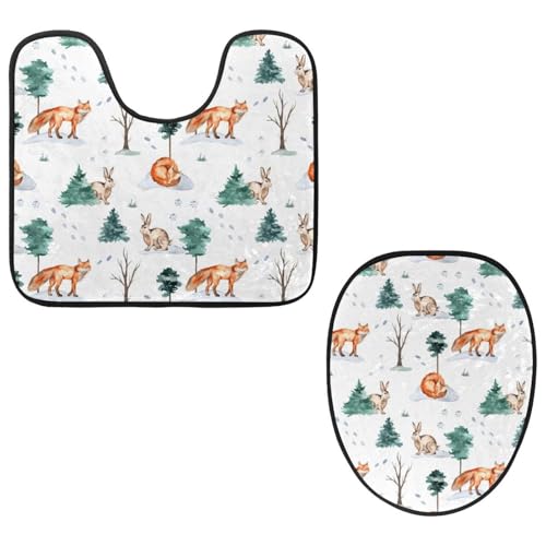 Eslifey Toilettendeckelbezug und U-förmige Toilettenbodenmatte Set mit 2 Stück, Wald Fuchs Hase Fußabdrücke Toilettenmatte Set, Maschinenwaschbare Sitzbezüge rutschfeste saugfähige Teppiche von Eslifey