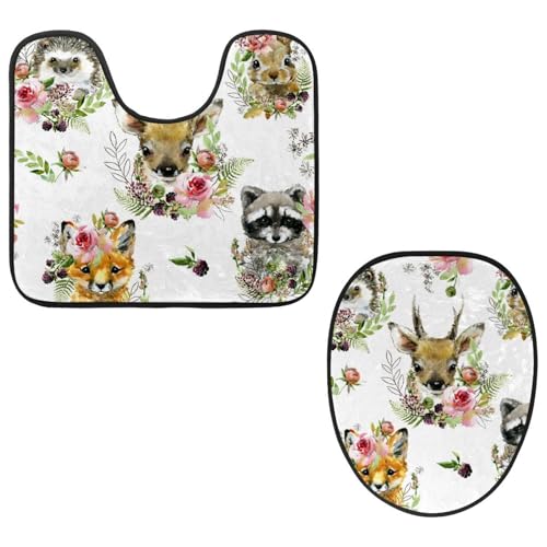 Eslifey Toilettendeckelbezug und U-förmige Toilettenbodenmatte Set mit 2 Stück, Waldtier Wilde Natur Toilettenmatten-Set, Maschinenwaschbare Sitzbezüge rutschfeste saugfähige Teppiche von Eslifey