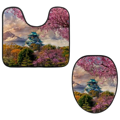 Eslifey Toilettendeckelbezug und U-förmige WC-Bodenmatte Set mit 2 Stück, Japan Kirschblüte Schloss Fuji Berg Toilettenmatten-Set, Maschinenwaschbare Sitzbezüge, rutschfeste saugfähige Teppiche Eslifey Toilettendeckelbezug und U-förmige WC-Bodenmatte Set mit 2 Stück, Japan Kirschblüte Schloss Fuji Berg Toilettenmatten-Set, Maschinenwaschbare Sitzbezüge, rutschfeste saugfähige Teppiche von Eslifey