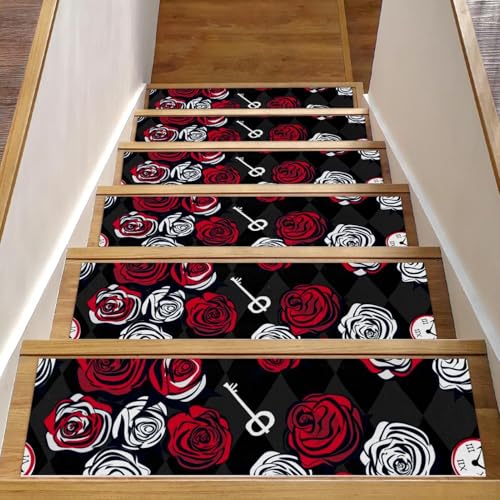 Eslifey Treppenläufer für Holzstufen, Motiv: Rote und weiße Rosen, Schlüssel und Uhr auf Schachmuster, 15 Stück, 76,2 x 20,3 cm, rutschfeste Indoor-Treppenläufer, Treppenläufer für Hunde, Kinder von Eslifey