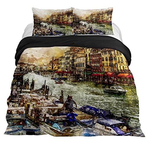 Eslifey Venice Grand Canal Venezia Boats Bettbezug, 3-teilig, King-Size-Bettdecke, 259 x 221 cm, mit zwei Kissenbezügen von Eslifey