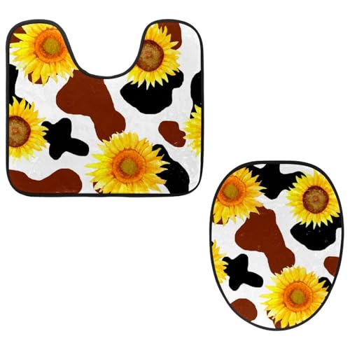 Eslifey WC-Deckelbezug und U-förmige WC-Bodenmatte, Set mit 2 Stück, Aquarell-Kuh, Sonnenblume, WC-Vorleger-Set, maschinenwaschbar, rutschfeste, saugfähige Teppiche von Eslifey
