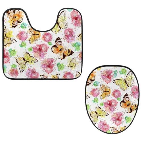 Eslifey WC-Deckelbezug und U-förmige WC-Bodenmatte, Set mit 2 Stück, Aquarell-Schmetterlings-Rosen, WC-Vorleger-Set, maschinenwaschbare Sitzbezüge, rutschfeste, saugfähige Teppiche Eslifey WC-Deckelbezug und U-förmige WC-Bodenmatte, Set mit 2 Stück, Aquarell-Schmetterlings-Rosen, WC-Vorleger-Set, maschinenwaschbare Sitzbezüge, rutschfeste, saugfähige Teppiche von Eslifey