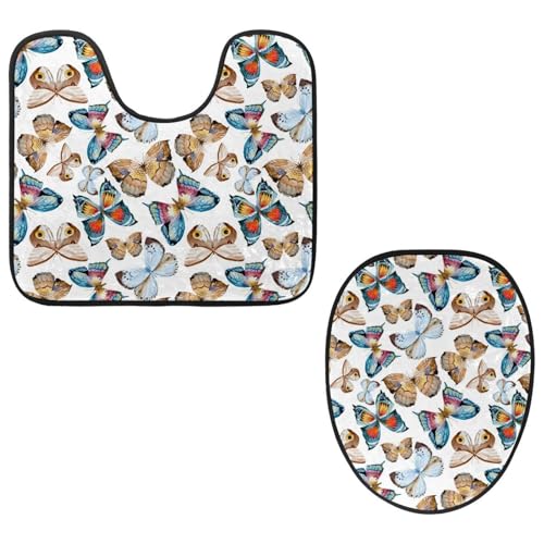 Eslifey WC-Deckelbezug und U-förmige WC-Bodenmatte, Set mit 2 Stück, Aquarell-Schmetterlings-WC-Vorleger-Set, maschinenwaschbare Sitzbezüge, rutschfeste, saugfähige Teppiche von Eslifey