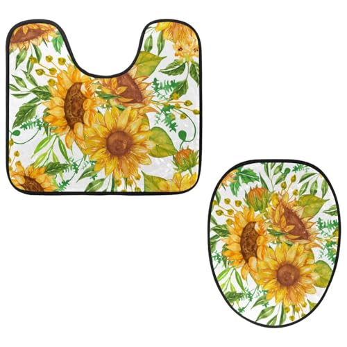 Eslifey WC-Deckelbezug und U-förmige WC-Bodenmatte, Set mit 2 Stück, Aquarell-Sonnenblumen-Blätter, WC-Vorleger-Set, maschinenwaschbare Sitzbezüge, rutschfeste, saugfähige Teppiche von Eslifey
