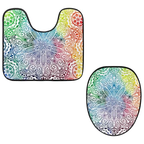 Eslifey WC-Deckelbezug und U-förmige WC-Bodenmatte, Set mit 2 Stück, Blumen-Mandala, Aquarell, Spritzmuster, WC-Vorleger-Set, maschinenwaschbare Sitzbezüge, rutschfeste, saugfähige Teppiche von Eslifey