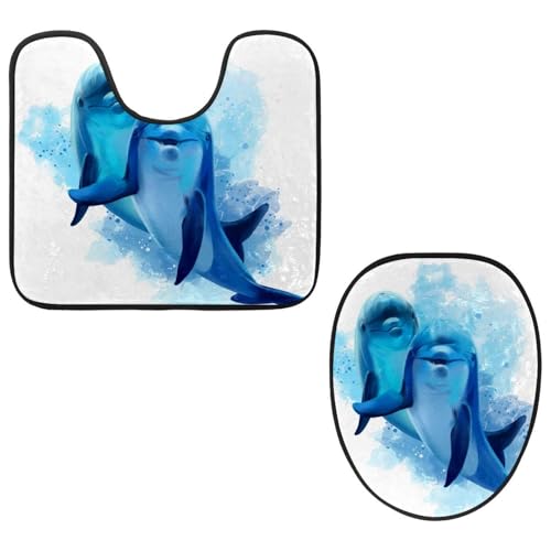 Eslifey WC-Deckelbezug und U-förmige WC-Bodenmatte, Set mit 2 Stück, Meeresleben, zwei blaue Delfine, Aquarell-Illustration, WC-Vorleger-Set, maschinenwaschbare Sitzbezüge, rutschfest, saugfähig Eslifey WC-Deckelbezug und U-förmige WC-Bodenmatte, Set mit 2 Stück, Meeresleben, zwei blaue Delfine, Aquarell-Illustration, WC-Vorleger-Set, maschinenwaschbare Sitzbezüge, rutschfest, saugfähig von Eslifey
