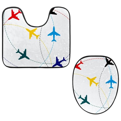 Eslifey WC-Deckelbezug und U-förmige WC-Bodenmatte, Set mit 2 Stück, buntes Flugzeug mit Linien, WC-Vorleger-Set, maschinenwaschbare Sitzbezüge, rutschfeste, saugfähige Teppiche von Eslifey