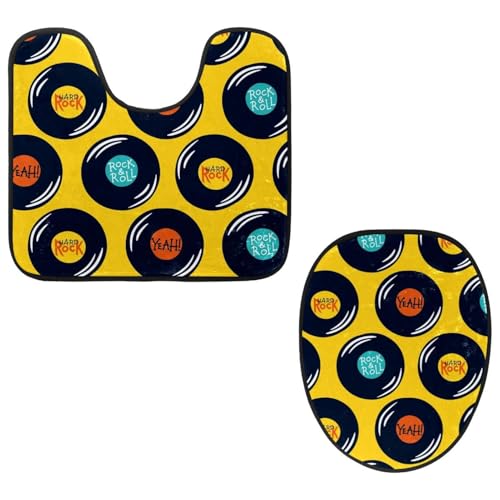 Eslifey WC-Deckelbezug und U-förmige WC-Bodenmatte, Set mit 2 Stück, buntes Vinyl-Schallplatten-Muster, WC-Vorleger-Set, maschinenwaschbare Sitzbezüge, rutschfeste, saugfähige Teppiche von Eslifey