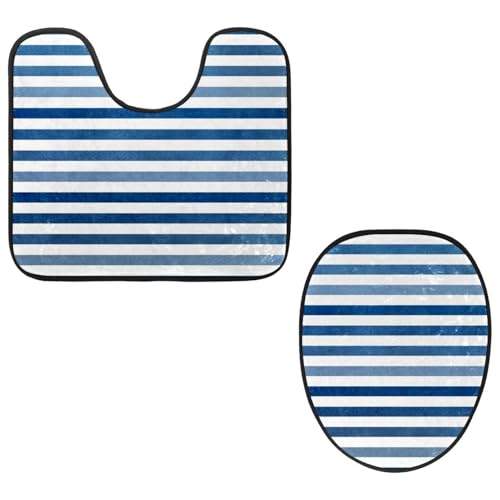 Eslifey WC-Deckelbezug und U-förmige WC-Bodenmatte, Set mit 2 Stück, wasserfarben-blau gestreift, WC-Vorleger-Set, maschinenwaschbare Sitzbezüge, rutschfeste, saugfähige Teppiche von Eslifey