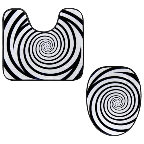 Eslifey WC-Deckelbezug und U-förmige WC-Bodenmatte Set mit 2 Stück, Schwarz Whirlpool Stripe Swirl Toilettenmatten-Set, Maschinenwaschbare Sitzbezüge rutschfeste saugfähige Teppiche von Eslifey