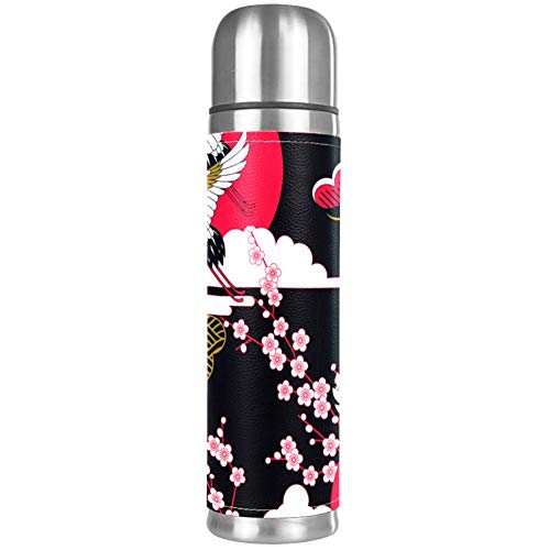 Japanische Krane Sakura Kirschblüten Blumen auslaufsichere Wasserflasche Edelstahl Vakuumbecher Thermoskanne Thermoskanne für heiße und kalte Getränke 500 ml für Büro, Schule, Reisen von Eslifey