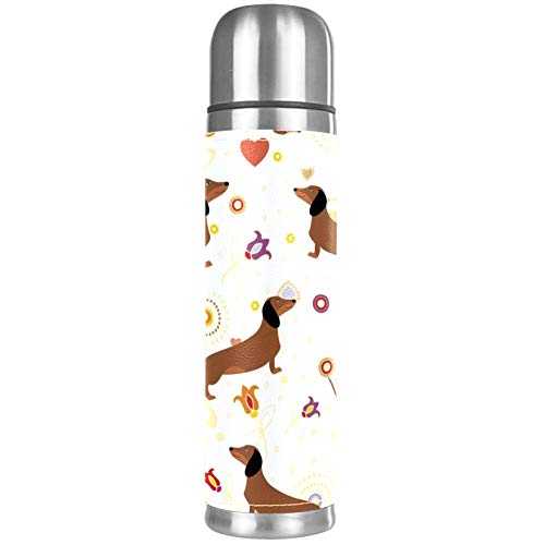 Süße Hunde-Dackel-Herz-Muster, auslaufsichere Wasserflasche aus Edelstahl, Vakuum-Becher, Thermoskanne für heiße und kalte Getränke, 500 ml für Büro, Schule, Reisen von Eslifey