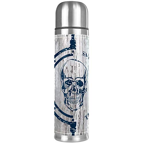 Wasserflasche mit nautischem Totenkopf-Motiv, auslaufsicher, Edelstahl, Thermoskanne für heiße und kalte Getränke, 500 ml, für Büro, Schule, Reisen von Eslifey
