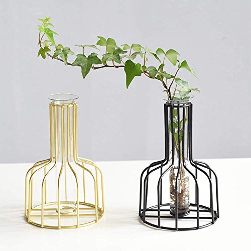 2 STK Moderne Glass Vase mit Metallrahmen für Hydrokulturpflanze, künstliche Blume, kleine Blumenvase geometrische Vasen für Bürotisch-Hauptdekoration (Schwarz +Gold) von Esoes