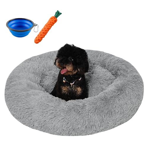 Esoes Hundbett Hundkissen Katzenbett Donut Abnehmbar und Waschbar Inkl. Napf und Spielzeug, Schlafplätze flauschig Kissen Rund aus Plüsch für Hunde Katzen Hundedecke Sofa (S-Ø 50 cm, Gray) von Esoes