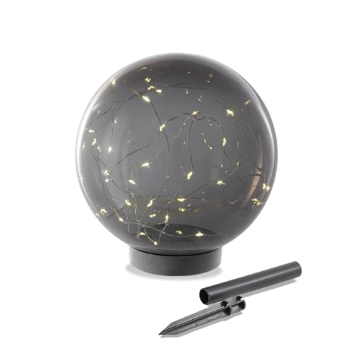 Esotec magische Glühwürmchen Solarkugel Kyran, Akku, Erdspieß, Gartenkugel, innere Drahtlichterkette mit 30 LEDs, Kugelleuchte, rauchgrau, D=20cm, 3000K warmweiß, wetterfest, Outdoor, 102880 von Esotec