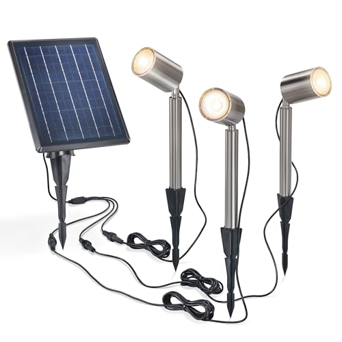 Esotec Premium LED Solarspot für außen PowerTRIO | 3er-Set DUO COLOR LED-Spot Solarstrahler | Bodenleuchte Teichbeleuchtung Solarstecker | 3000K 6000K METALL Erdspieß Akku IP44 wetterfest 102705 von Esotec