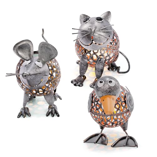 Esotec Solar Gartenfiguren Streichelzoo | Dekofiguren Vogel Katze Maus AKKU LED | Gartendeko Balkondeko Gartenbeleuchtung Solarfigur Gartenzwerg Terrassendeko Outdoor Metall Silber 103105 von Esotec