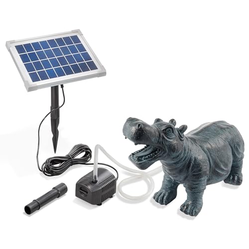 Esotec Solar Wasserspeier Set Hippo Nilpferd, Solarpumpe, Teichfigur Gartenfigur Gartenstatue, Tauchpumpe, Gartenbrunnen, Springbrunnen für außen Outdoor, Vogeltränke H=20cm 101658 von Esotec