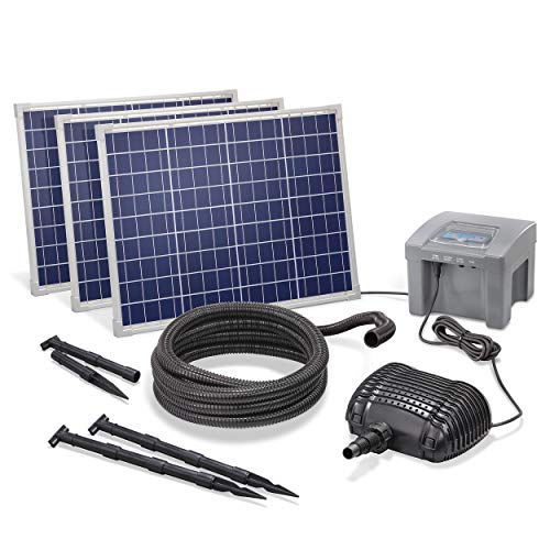 Solar Bachlaufset Professional mit 12V/24Ah Akkuspeicher und 3 x 50W Solarmodul - 3.500 l/h Förderleistung - 2,5 m Förderhöhe - 5m Spiralschlauch - Bachlaufpumpe Gartenteich Pumpe esotec 101976 von Esotec