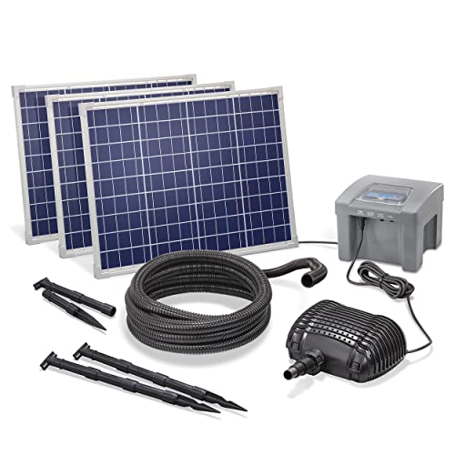 Solar Bachlaufset Professional mit 12V/24Ah Akkuspeicher und 3 x 50W Solarmodul - 4.200 l/h Förderleistung - 1,5 m Förderhöhe - 5m Spiralschlauch - Bachlaufpumpe Gartenteich Pumpe esotec 101975 von Esotec