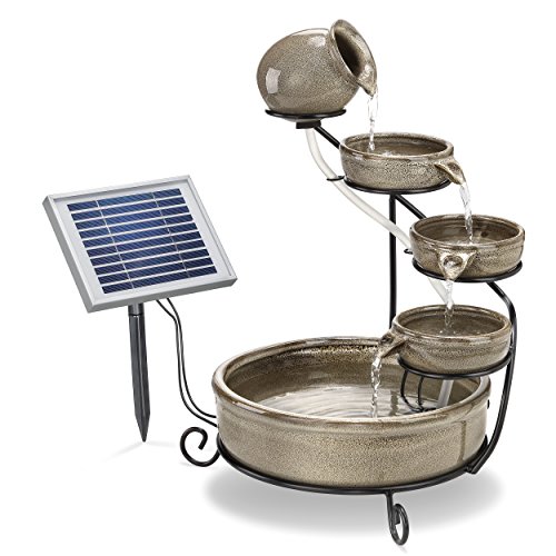 Solar Kaskadenbrunnen grau mit Akkuspeicher und LED Licht - großes 2 Watt Solarmodul - verschleißarme Pumpe - Springbrunnen Wasserspiel Solarbrunnen - Größe ca. 31 x 31 x 55 cm, esotec 101300 von Esotec