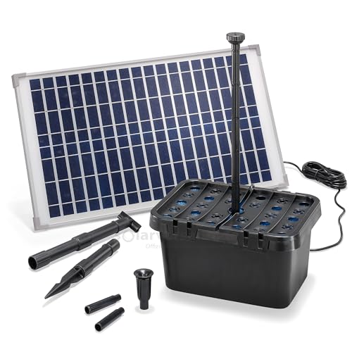 esotec Solar Teichfilterset Starter 25/875 | Teichfilter Komplettset | Pumpe 875l/h | 2 Sprinkler-Aufsätze | Solarmodul 25 Watt | Solar Teichpumpe für Außen | Springbrunnen Wasserspiel 100902 von Esotec